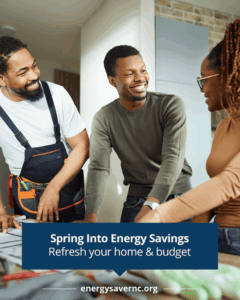 Three people stand together in a kitchen, smiling and talking. A sign in front reads, “Spring Into Energy Savings. Refresh your home & budget.”.