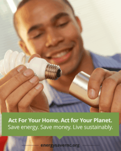 A person holds a CFL light bulb and a lamp base, promoting energy saving with the message to act for home and planet.