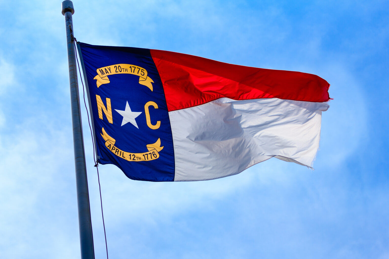 The North Carolina state flag flies on a flagpole against a blue sky, showing red, white, and blue colors with gold text and symbols.