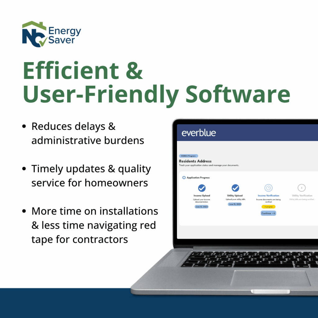 Laptop displaying software dashboard with text about efficient and user-friendly energy saver software for homeowners and contractors.